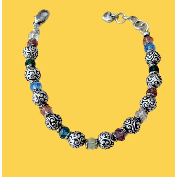 Brighton Latika Bracelet Silver Red Amber Amethyst Multicolor Carved Beads - Picture 2 of 6